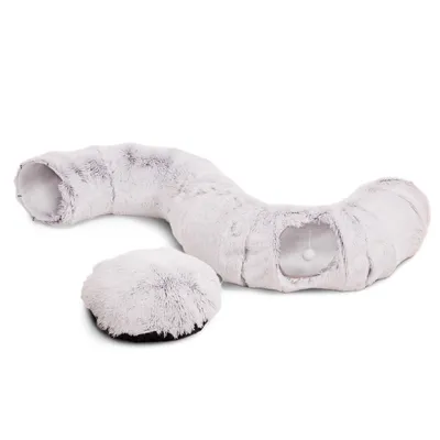 Túnel de pelúcia cinzento com abertura e bola de brincar, inclui almofada redonda correspondente. Adequado para animais de estimação para brincar ou relaxar.