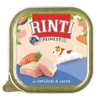 RINTI FEINSTE mit Geflügel & Lachs, afbeelding van stukjes kip en zalm, illustratie van hond. Tekst in het Duits zichtbaar op verpakking.