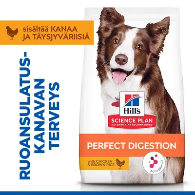 Hill's Science Plan Perfect Digestion kanaa ja täysjyväriisiä. Sisältää kanaa ja täysjyväviljaa. ActivBiome+. Ruoansulatuskanavan terveys. Hill's Science Plan Perfect Digestion kanaa ja täysjyväriisiä. Sisältää kanaa ja täysjyväviljaa. ActivBiome+. Ruoansulatuskanavan terveys.