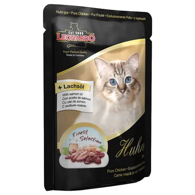 Leonardo Cat Food Huhn, mokra hrana za mačke s piletinom i lososovim uljem. Na pakiranju slika mačke, komadići mesa i tekst 'Finest Selection'.