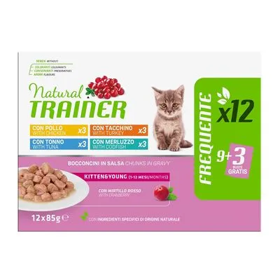 Natural Trainer Kitten&Young natvoer, 12x85g: 3x kip, 3x kalkoen, 3x tonijn, 3x kabeljauw. Voor kittens 1–12 maanden. 9+3 gratis. Met veenbes. Zonder kleurstoffen of conserveermiddelen.