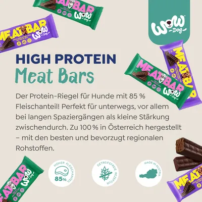 Wow Dog MEAT BAR, barre protéinée pour chiens avec 85 % de viande, sans céréales, fabriquée en Autriche. Texte et logos : teneur élevée en viande 85 %, recette sans céréales, made in Austria.