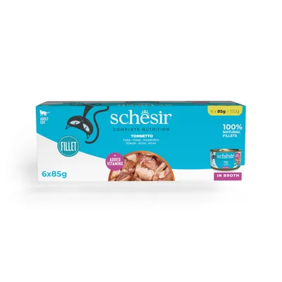 Schesir Complete Nutrition, филета от риба тон в бульон, 6x85g, 100% натурални филета, с добавени витамини. За възрастни котки.