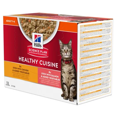 Hill's Science Plan Healthy Cuisine, храна за котки за възрастни 1-6 години, 12 пауча: 6x пиле със зеленчуци, 6x сьомга със зеленчуци. Препоръчано от ветеринар.