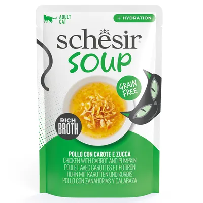 Schesir Soup за възрастни котки, пиле с моркови и тиква, богата бульон, без зърнени храни, + хидратация.