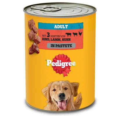 Pedigree Adult Hundefutter in Pastete, mit 3 Sorten: Rind, Lamm, Huhn. Gelbe Dose mit rotem Logo und Fleischabbildungen.