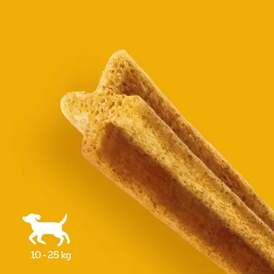 Hundekauartikel für Hunde mit einem Gewicht von 10-25 kg, gelber Hintergrund.