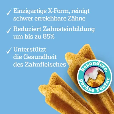 Einzigartige X-Form reinigt schwer erreichbare Zähne, reduziert Zahnsteinbildung um bis zu 85%, unterstützt die Gesundheit des Zahnfleisches. Besondere poröse Textur hervorgehoben.