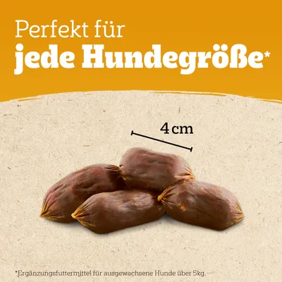 Perfekt für jede Hundegrösse. Ergänzungsfuttermittel für ausgewachsene Hunde über 5kg. Länge der Snacks: 4 cm.