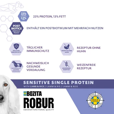 Bozita Robur Sensitive Single Protein mit Lamm & Reis. Enthält Postbiotikum, täglicher Immunschutz, nachweislich gesunde Verdauung, weizenfreie Rezeptur, Rezeptur ohne Huhn. Made in Sweden.