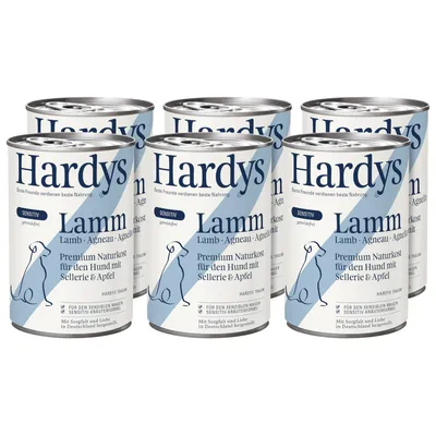 Hardys Lamm Sensitiv. Alimento naturale premium per cani con sedano e mela, senza cereali. Per stomaci sensibili, prodotto in Germania.