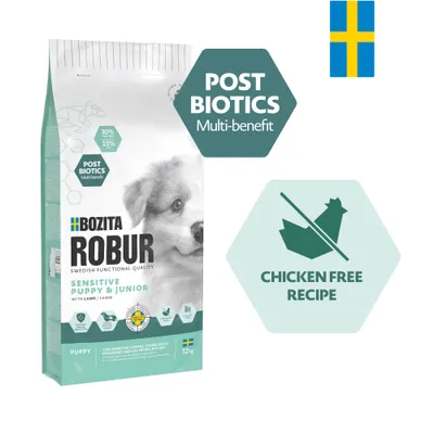 Bozita Robur Sensitive Puppy & Junior met lam, 12 kg. Post Biotics Multi-benefit. Chicken Free Recept. Zweedse vlag zichtbaar.
