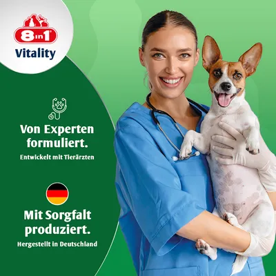 8in1 Vitality. Von Experten formuliert, entwickelt mit Tierärzten. Mit Sorgfalt produziert, hergestellt in Deutschland.