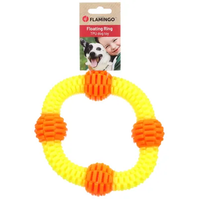 Flamingo Floating Ring TPU, žlutý a oranžový plovoucí hrací kruh pro psy.
