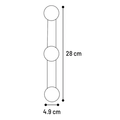 Schéma avec trois cercles alignés verticalement, indiquant les dimensions : hauteur 28 cm, largeur 4,9 cm.