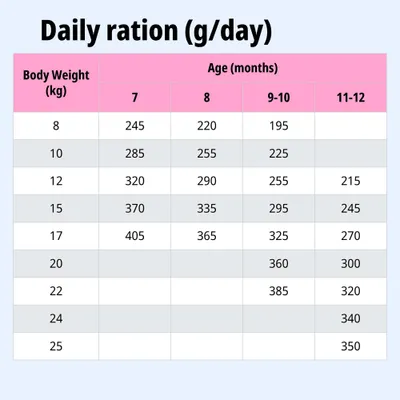 Tabla de alimentación: Ración diaria en gramos según el peso corporal (8-25 kg) y la edad (de 7 a 12 meses). Ejemplo: 10 kg, 7 meses = 285 g, 11-12 meses = 225 g.