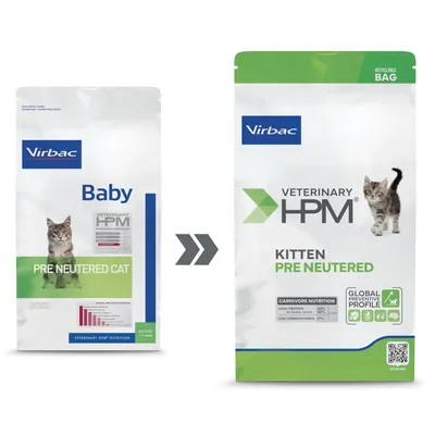 Virbac Veterinary HPM Baby Pre Neutered Cat y Kitten Pre Neutered envases. Indicación de bolsa reciclable y Global Preventive Profile con detalles de Carnivore Nutrition.