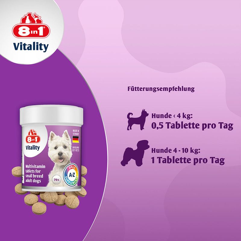 Fütterungsempfehlung: Hunde unter 4 kg, 0,5 Tablette pro Tag. Hunde 4-10 kg, 1 Tablette pro Tag. Produkt: 8in1 Vitality Multivitamin-Tabletten für kleine Hunderassen, Made in Germany.