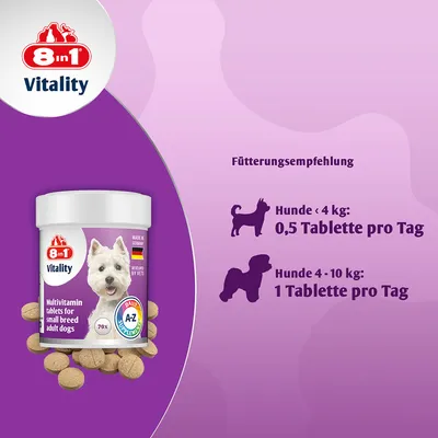 Conseils d’alimentation : chiens <4 kg 0,5 comprimé/jour, chiens 4–10 kg 1 comprimé/jour. Pot 8in1 Vitality multivitamin tablets for small breed adult dogs, 70x, made in Germany.