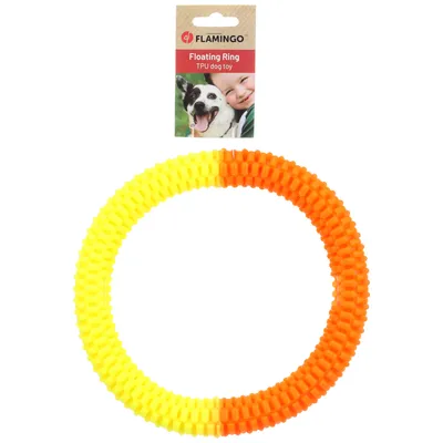 Flamingo Floating Ring TPU, žluto-oranžový plovoucí hrací kruh pro psy.