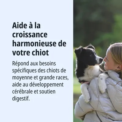 Favorise une croissance harmonieuse des chiots, soutient le développement cérébral et la digestion, spécialement conçu pour les races moyennes et grandes.