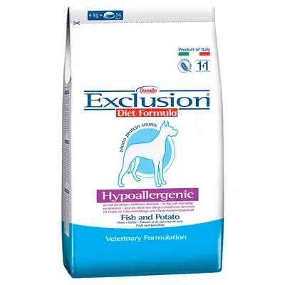 Dorado Exclusion Diet Formula Hypoallergenic Fish and Potato hundfoder, 4 kg = 14 dagar, mono protein source, Product of Italy, Veterinary Formulation synligt på förpackningen.