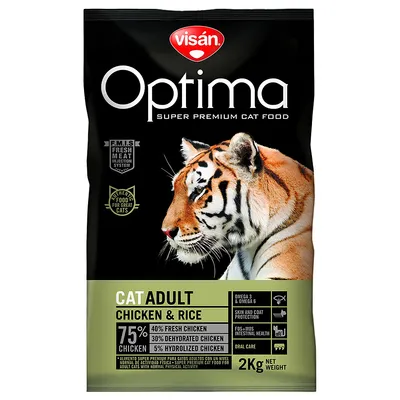 Visán Optima Super Premium Cat Food, CAT ADULT CHICKEN & RICE, 2 kg. 75 % kyckling: 40 % färsk, 30 % torkad, 5 % hydrolyserad. Omega 3 & 6, hud- och pälsskydd, oral vård.
