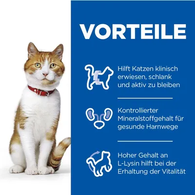 VORTEILE: Hilft Katzen klinisch erwiesen, schlank und aktiv zu bleiben. Kontrollierter Mineralstoffgehalt für gesunde Harnwege. Hoher Gehalt an L-Lysin hilft bei der Erhaltung der Vitalität.
