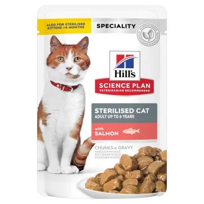 Hill's Science Plan Sterilised Cat adult fino a 6 anni con salmone, bocconcini in salsa. Specialità anche per gattini sterilizzati >6 mesi. Immagine del prodotto e cibo visibile.