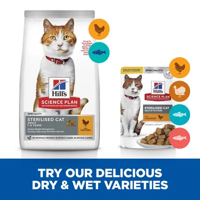 Dry and wet food for sterilised cats, available in chicken, turkey, and fish varieties. Text: Try our delicious dry & wet varieties.
