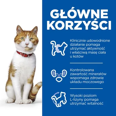 Główne korzyści: klinicznie udowodnione działanie pomaga utrzymać aktywność i masę ciała kotów, kontrolowana zawartość minerałów wspomaga układ moczowy, L-lizyna wspiera witalność.