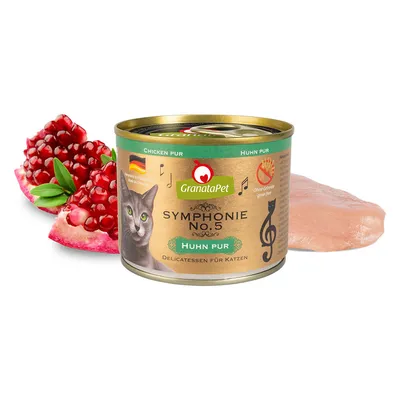 GranataPet Symphonie No.5 Huhn Pur, Delikatessen für Katzen, ohne Getreide, hergestellt in Deutschland. Abgebildet mit Granatapfel und Hühnerfleisch.