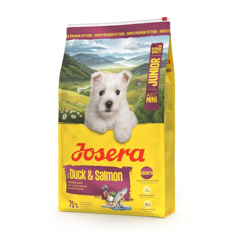 Josera Duck & Salmon Junior Mini, Super Premium Petfood mit Ente und Lachs, 71% tierische Proteine, German Quality, Zahnpflegeeffekt, für optimales Wachstum.