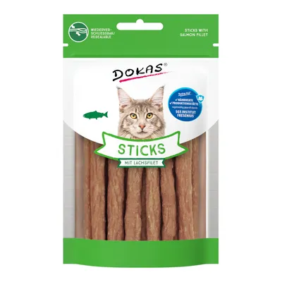 Dokas Sticks lazacfilével, visszazárható csomagolás, tápérték és gyártóhely ellenőrizve az SGS Institut Fresenius által.