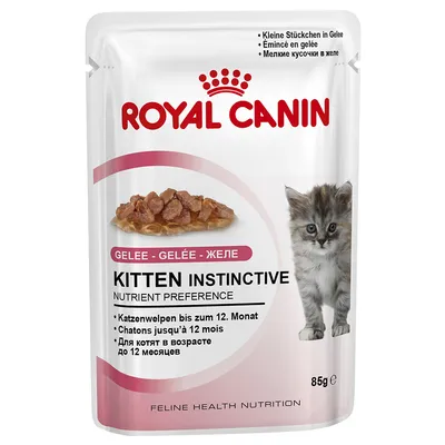 ROYAL CANIN Kitten Instinctive, små bitar i gelé, för kattungar upp till 12 månader. Förpackning med bild på våtfoder och kattunge, vikt 85 g.