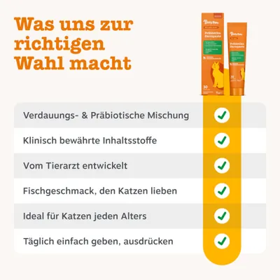 Verdauungs- und präbiotische Mischung, klinisch bewährte Inhaltsstoffe, vom Tierarzt entwickelt, Fischgeschmack, ideal für Katzen jeden Alters, täglich einfach geben.