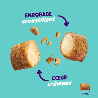 Snack avec enrobage croustillant et cœur crémeux, taille 15 mm. Inscriptions : 'Enrobage croustillant' et 'Coeur crémeux'.