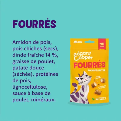 Edgard Cooper Fourrés à la dinde fraîche, ingrédients : amidon de pois, pois chiches, patate douce, graisse de poulet, protéines de pois, sauce à base de poulet, minéraux.