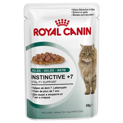 Royal Canin Instinctive +7 Gelee kattmat, 85 g. Bild på våtfoder i gelé och långhårig katt. Text: Vitality Support, för katter från 7 år, flera språk synliga.