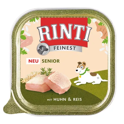 Rinti Finest Senior, NEU, mit Huhn & Reis. Afbeelding van stukjes kip, rijst en een getekende hond op de verpakking.