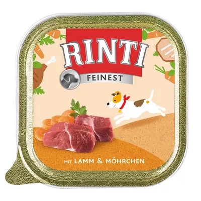 RINTI FEINSTE hondenvoer, zichtbaar stukjes lamsvlees en wortel, tekst: mit Lamm & Möhrchen. Illustratie van hond op de verpakking.