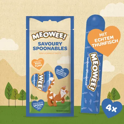 Meowee! Savoury Spoonables mit echtem Thunfisch, ohne künstliche Farb- und Konservierungsstoffe. Verpackung zeigt 4 Portionen und eingebauten Löffel für weniger Verschmutzung.