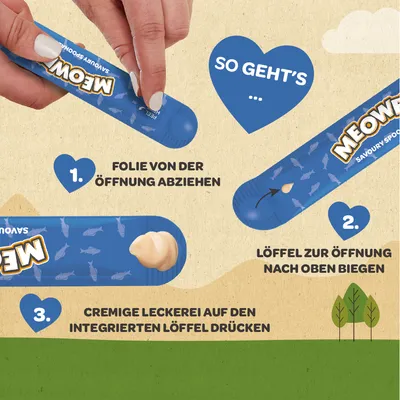 Anleitung zur Nutzung von Meow Savoury Spoon: 1. Folie von der Öffnung abziehen, 2. Löffel zur Öffnung nach oben biegen, 3. Cremige Leckerei auf den integrierten Löffel drücken.