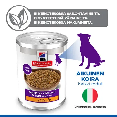 Hill's Science Plan Sensitive Stomach & Skin Adult 1-6 kanaa, Loaf Paté. Ei keinotekoisia säilöntä-, väri- tai makuaineita. Aikuisille koirille. Valmistettu Italiassa. Hill's Science Plan Sensitive Stomach & Skin Adult 1-6 kanaa, Loaf Paté. Ei keinotekoisia säilöntä-, väri- tai makuaineita. Aikuisille koirille. Valmistettu Italiassa.