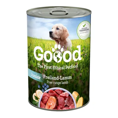 Goood Junior Freiland-Lamm, The First Ethical Petfood. Für mehr Tierwohl. Dose mit Fleischstücken, Kartoffeln und Blaubeeren abgebildet.
