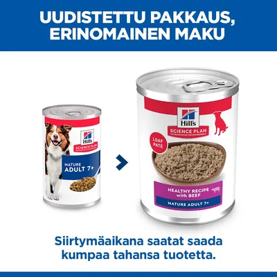 Hill's Science Plan näyttää sekä vanhan että uuden purkkimuotoilun Mature Adult 7+ Naudanliha -tuotteelle. Vaihtoehtoisesti toimitetaan molempia pakkauksia siirtymävaiheen aikana. Hill's Science Plan näyttää sekä vanhan että uuden purkkimuotoilun Mature Adult 7+ Naudanliha -tuotteelle. Vaihtoehtoisesti toimitetaan molempia pakkauksia siirtymävaiheen aikana.