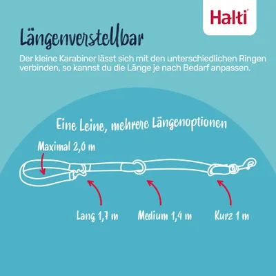 Halti Leine mit verstellbarer Länge: Maximal 2,0 m, Lang 1,7 m, Medium 1,4 m, Kurz 1 m. Karabiner kann an verschiedene Ringe angepasst werden.