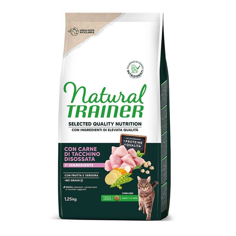 Natural Trainer Katzenfutter, 1,25kg, mit entbeintem Truthahnfleisch, Obst und Gemüse, ohne Getreide, für sterilisierte Katzen ab 12 Monaten. Verpackung recycelbar.
