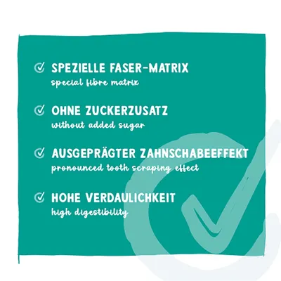 Spezielle Faser-Matrix, ohne Zuckerzusatz, ausgeprägter Zahnschabe-Effekt, hohe Verdaulichkeit. Englische Übersetzungen sind ebenfalls abgebildet.