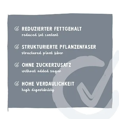 Reduzierter Fettgehalt, strukturierte Pflanzenfaser, ohne Zuckerzusatz, hohe Verdaulichkeit. Englische Übersetzungen darunter.